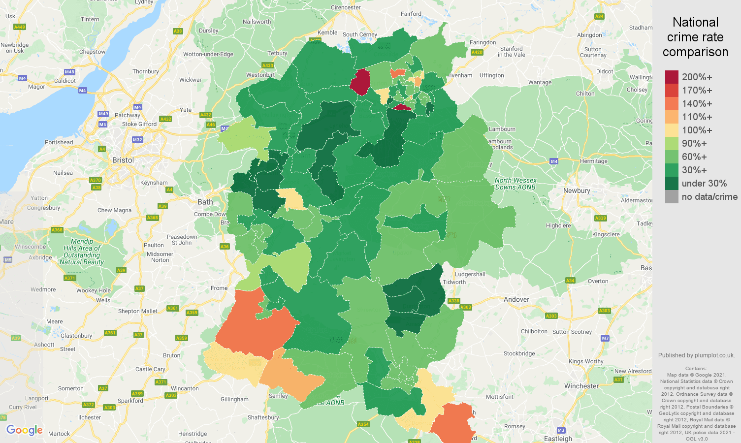 Wiltshire burglary crime rate comparison map