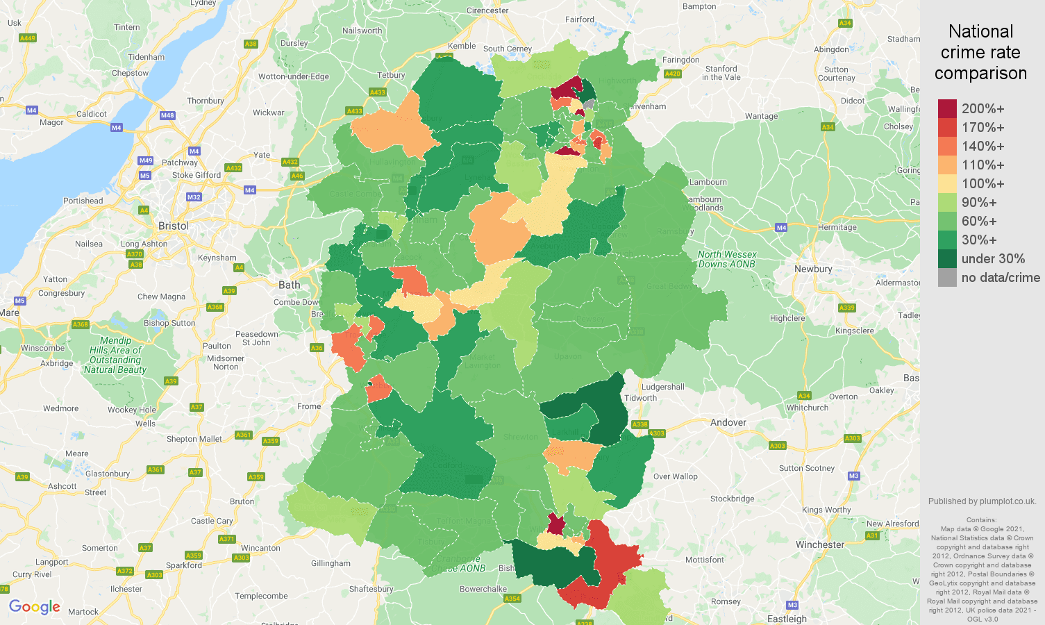 Wiltshire criminal damage and arson crime rate comparison map