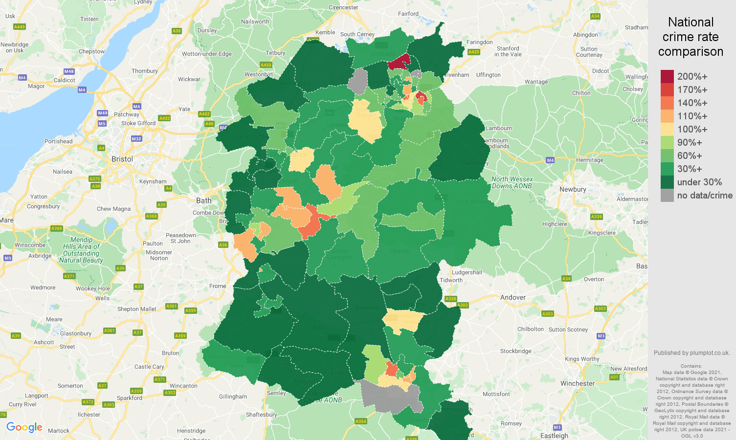 Wiltshire drugs crime rate comparison map