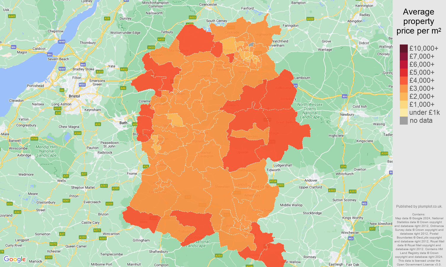 Wiltshire house prices per square metre map