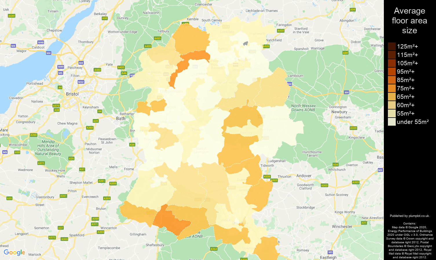 Wiltshire map of average floor area size of flats