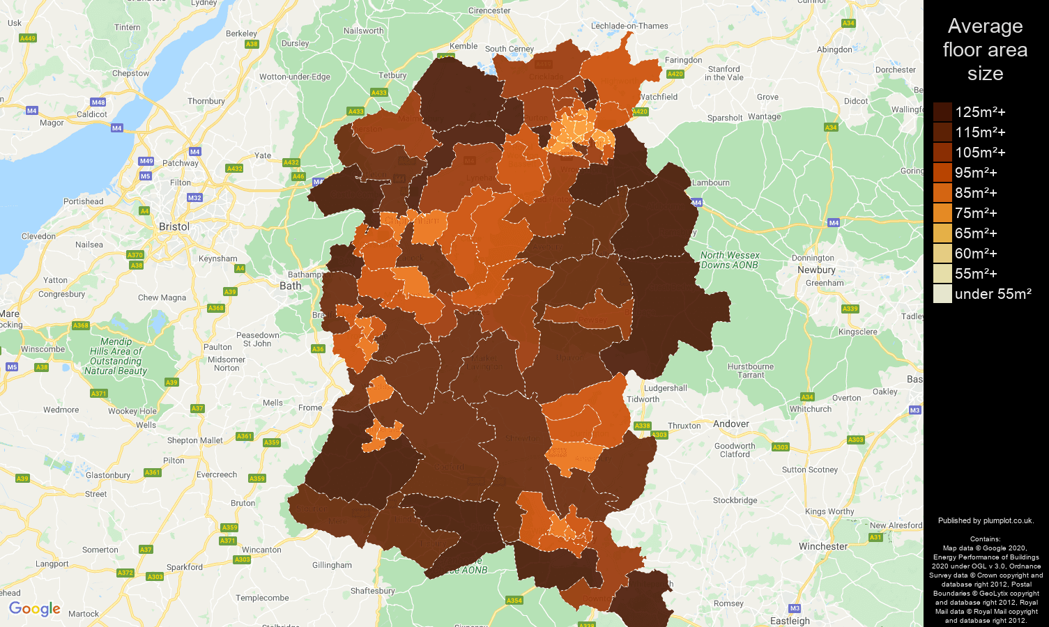 Wiltshire map of average floor area size of houses