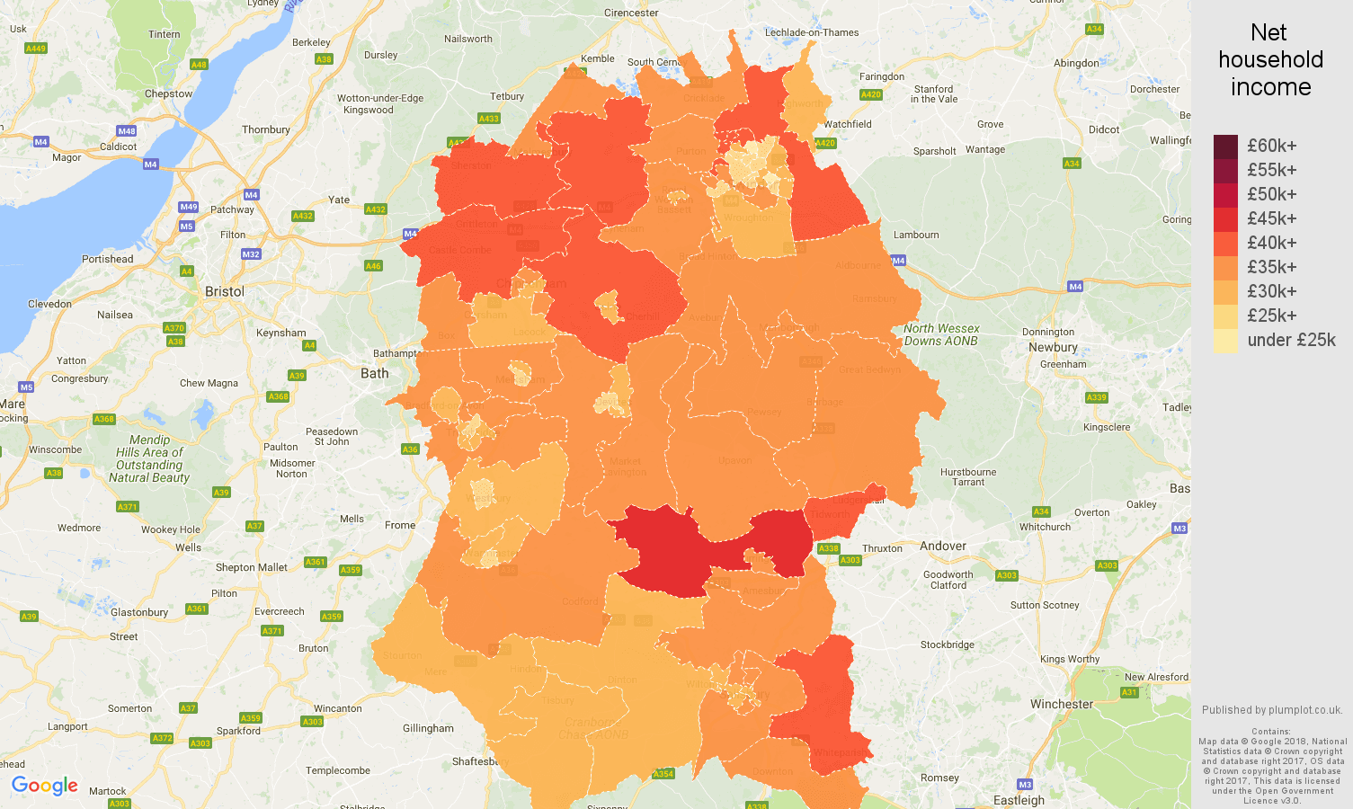 Wiltshire net household income map