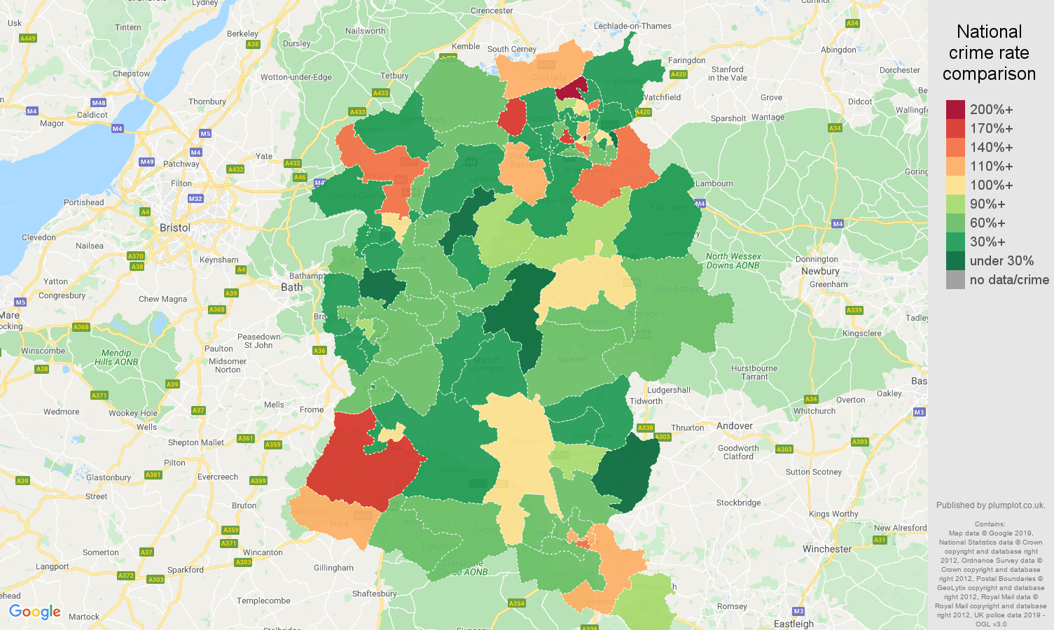 Wiltshire other theft crime rate comparison map