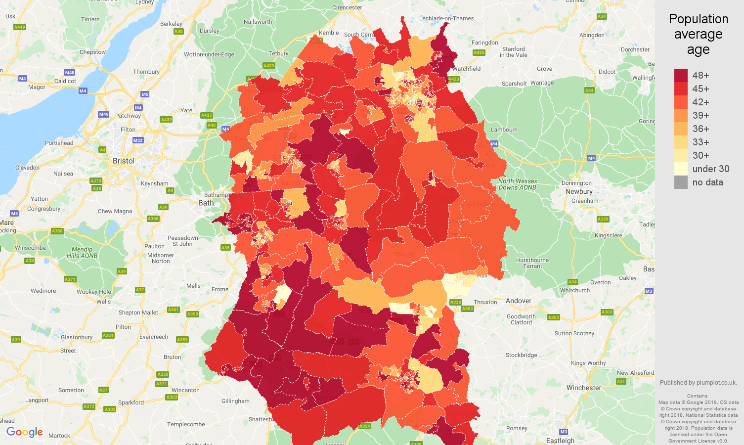 Wiltshire population average age map