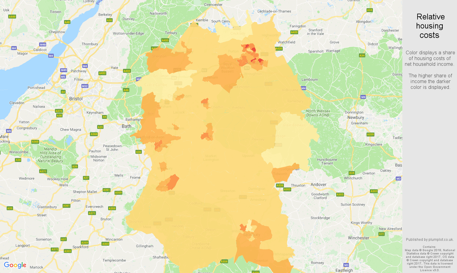 Wiltshire relative housing costs map