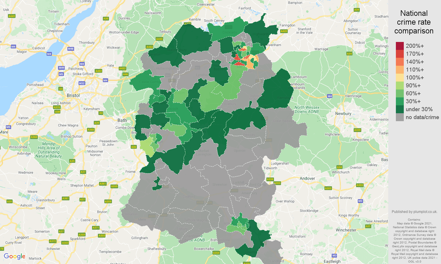 Wiltshire robbery crime rate comparison map