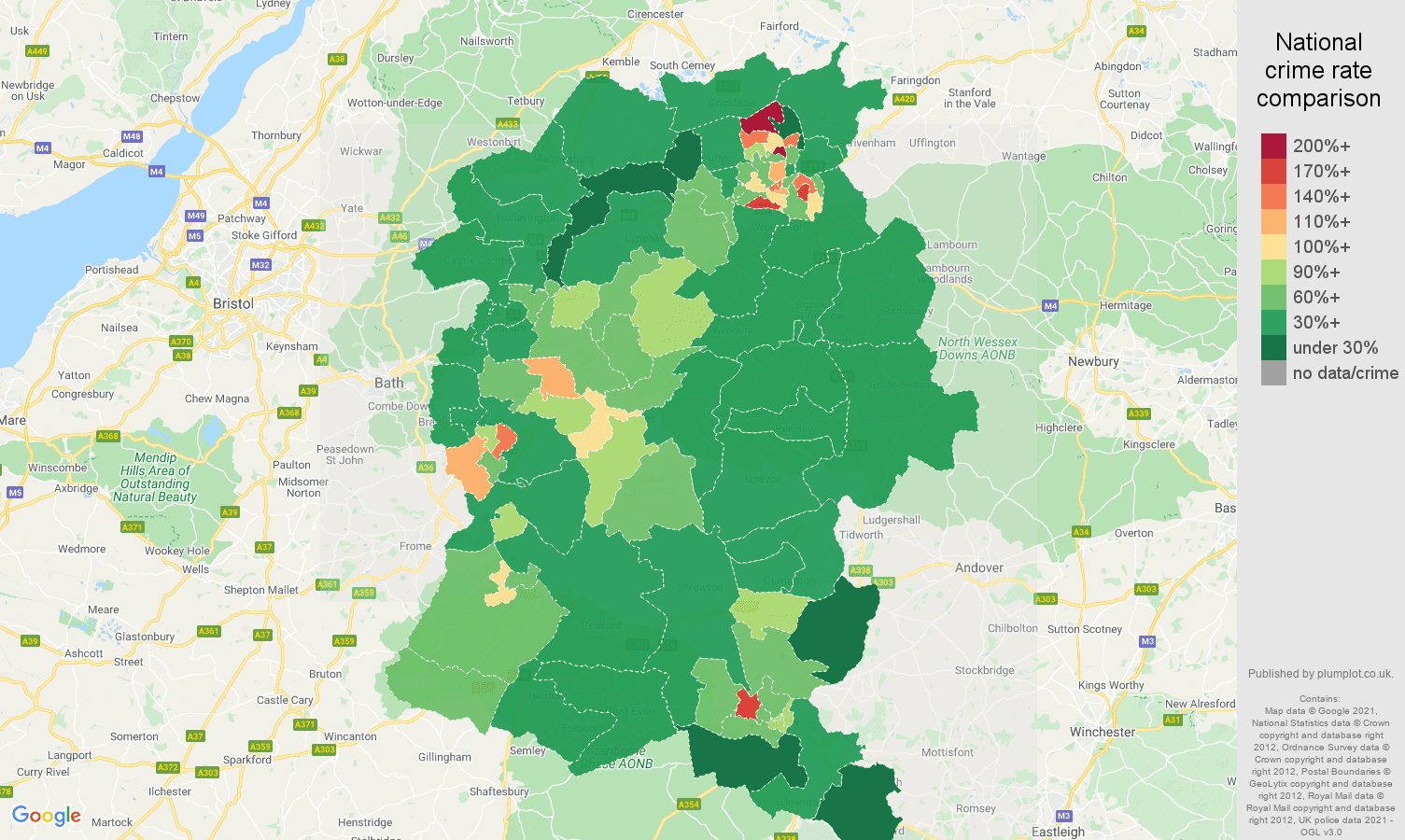 Wiltshire violent crime rate comparison map