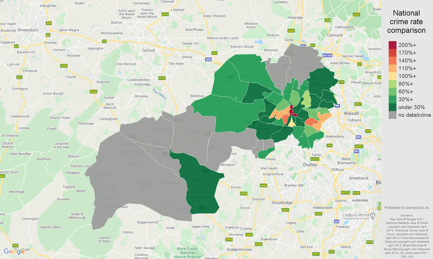 Wolverhampton bicycle theft crime rate comparison map