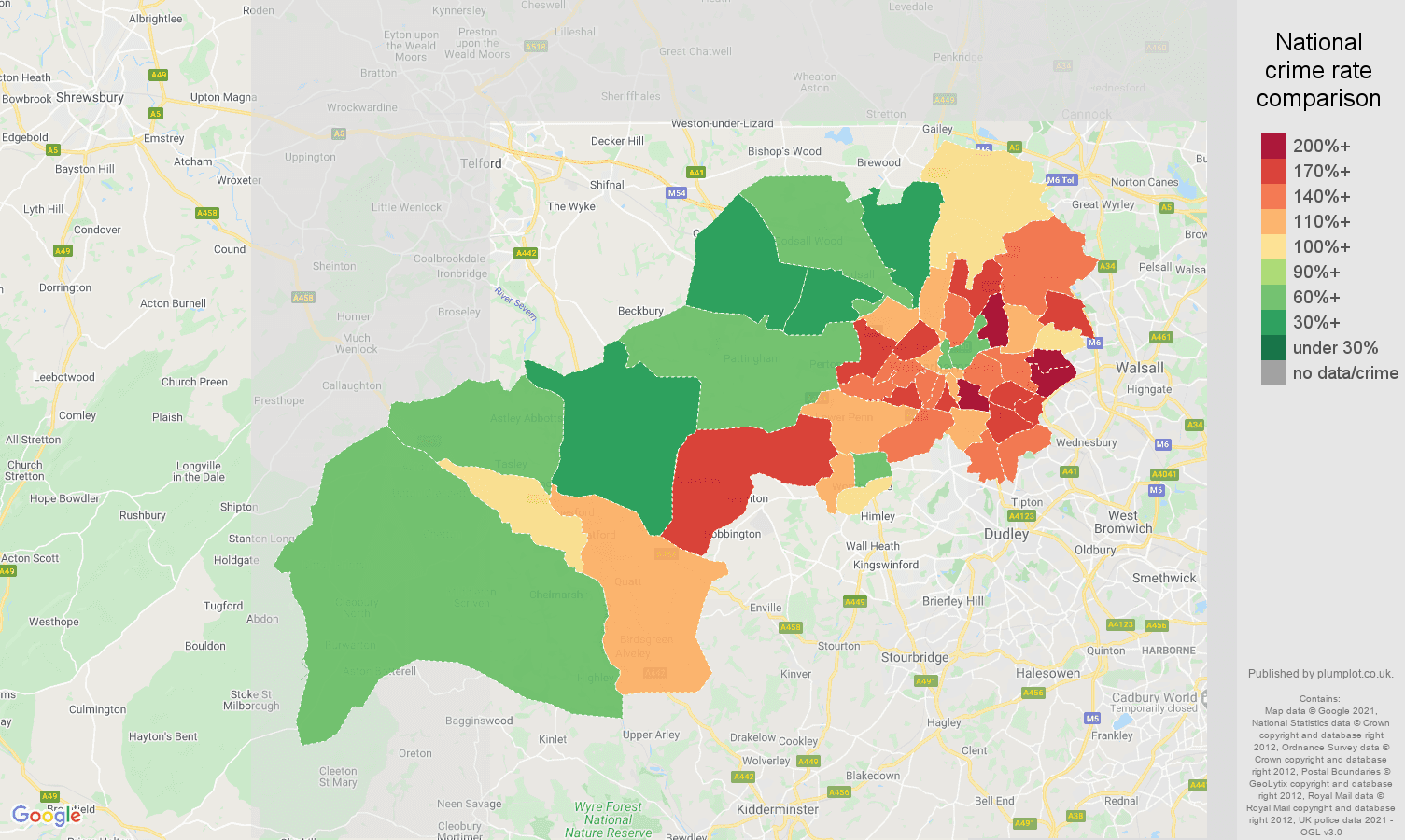 Wolverhampton burglary crime rate comparison map