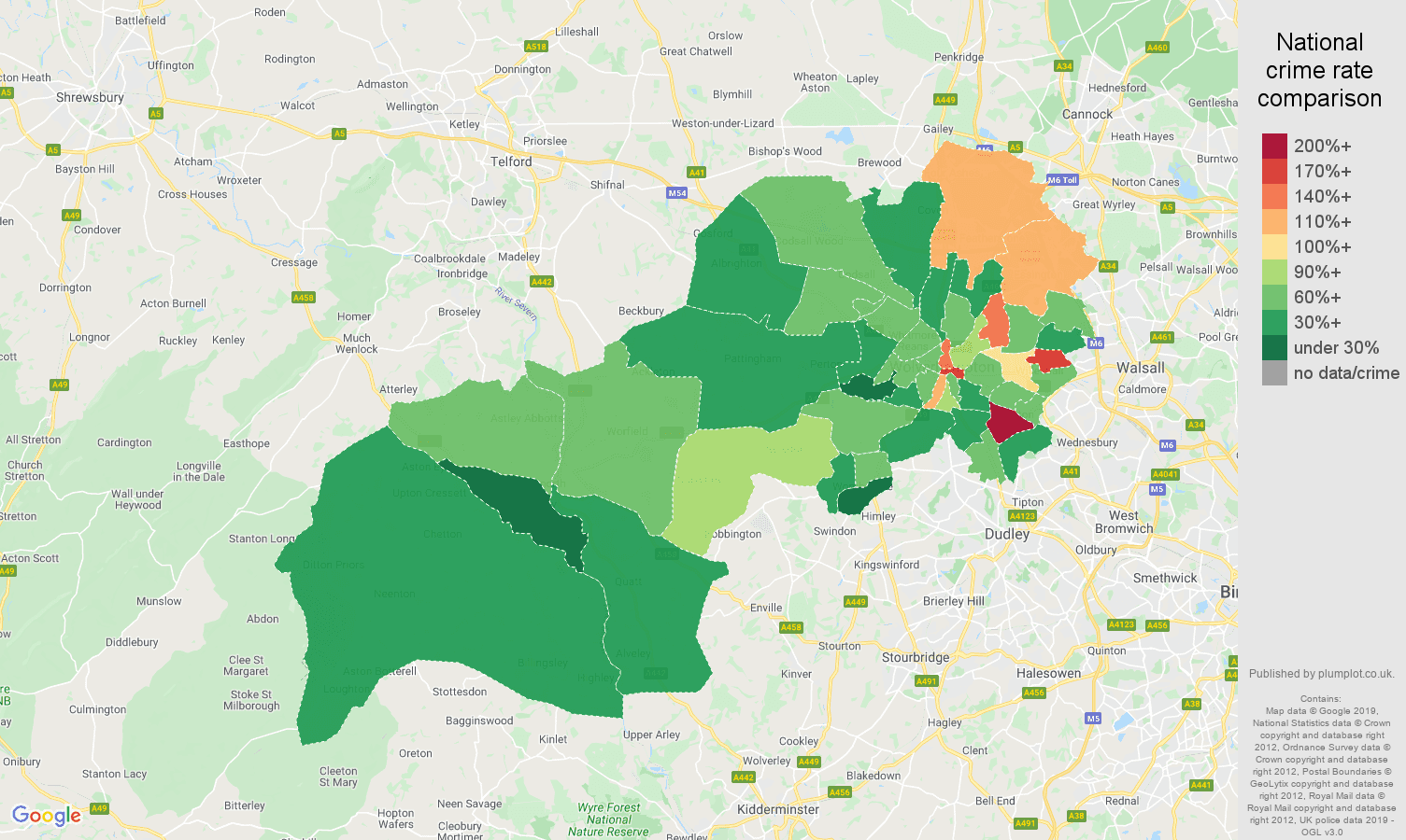 Wolverhampton other theft crime rate comparison map