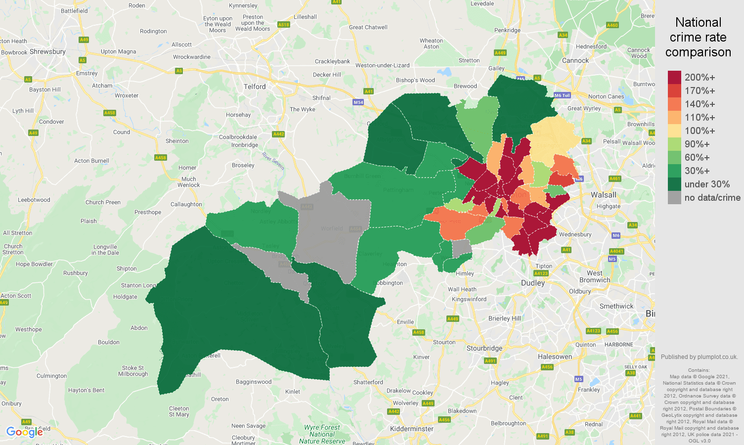 Wolverhampton robbery crime rate comparison map