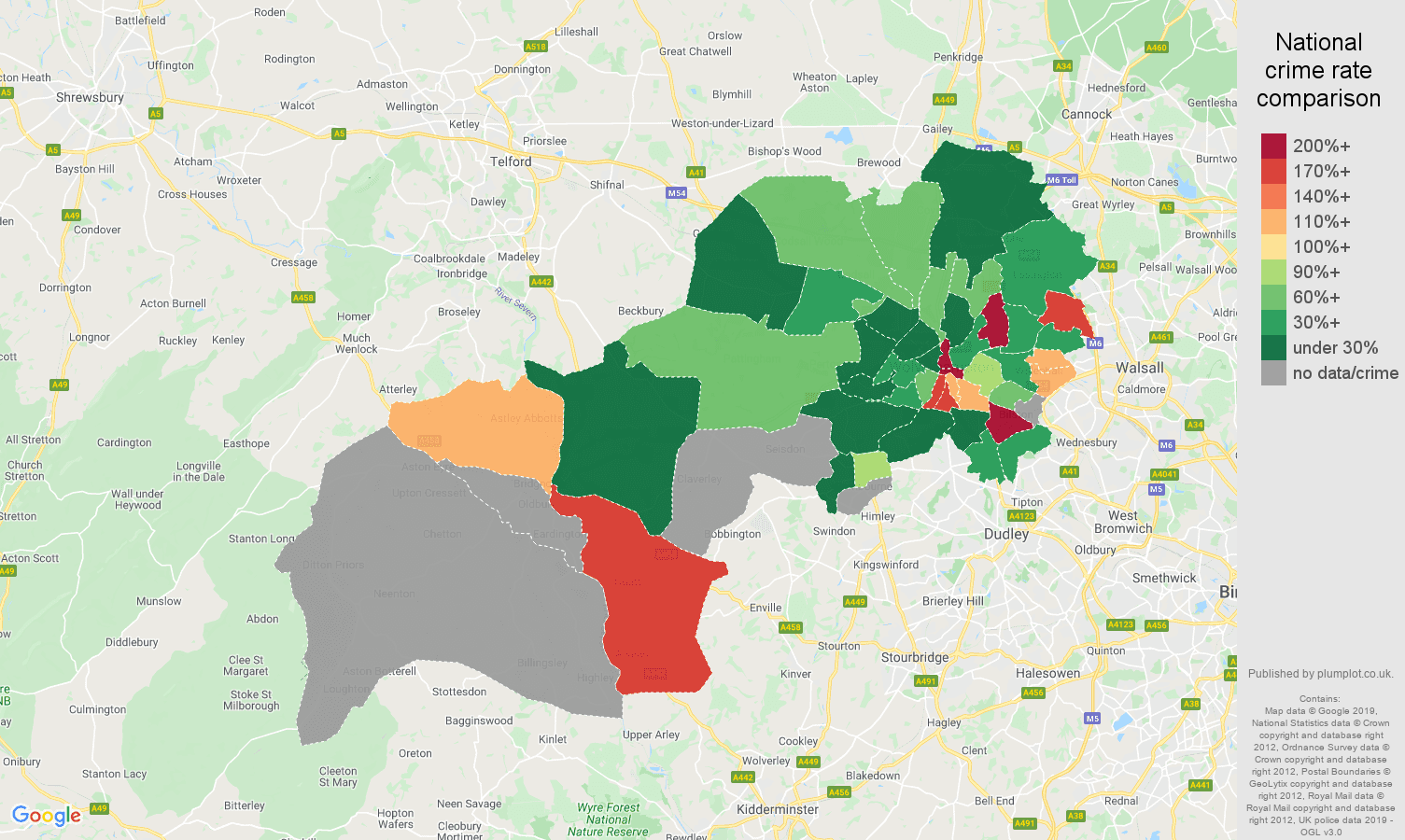 Wolverhampton shoplifting crime rate comparison map