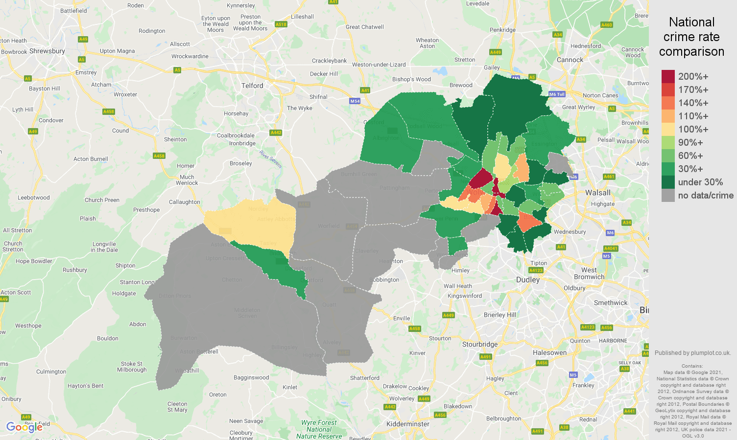 Wolverhampton theft from the person crime rate comparison map