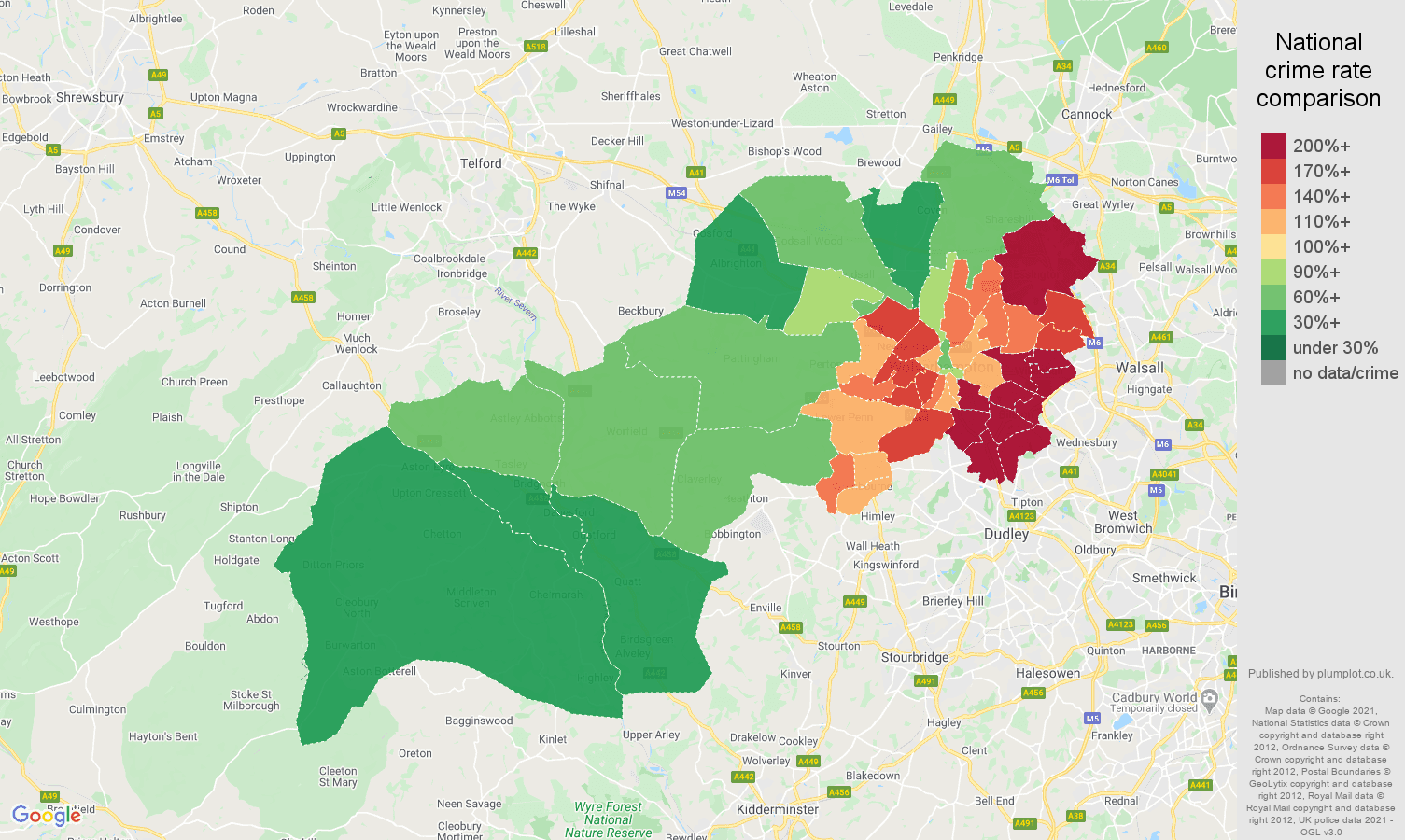 Wolverhampton vehicle crime rate comparison map