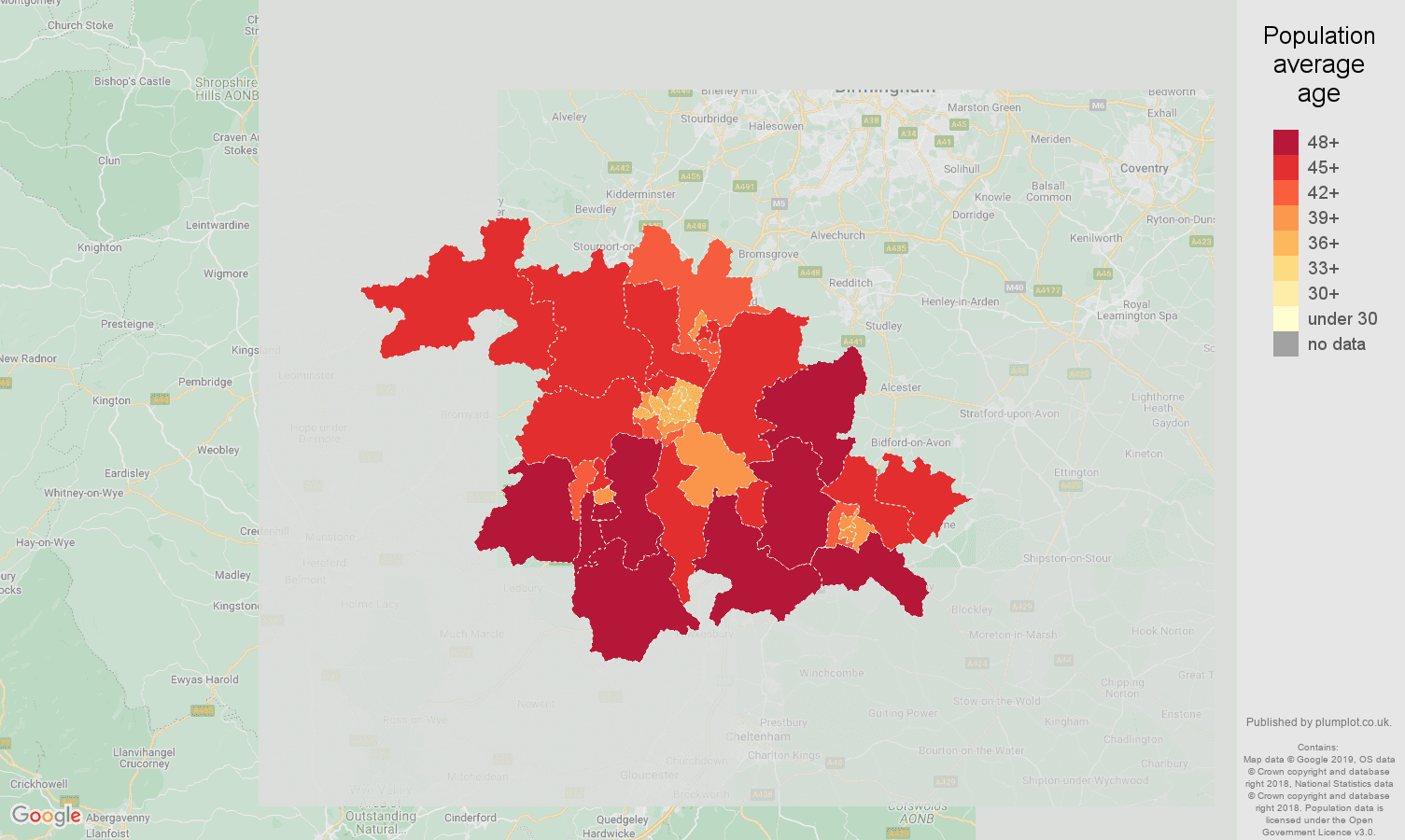Worcester population average age map