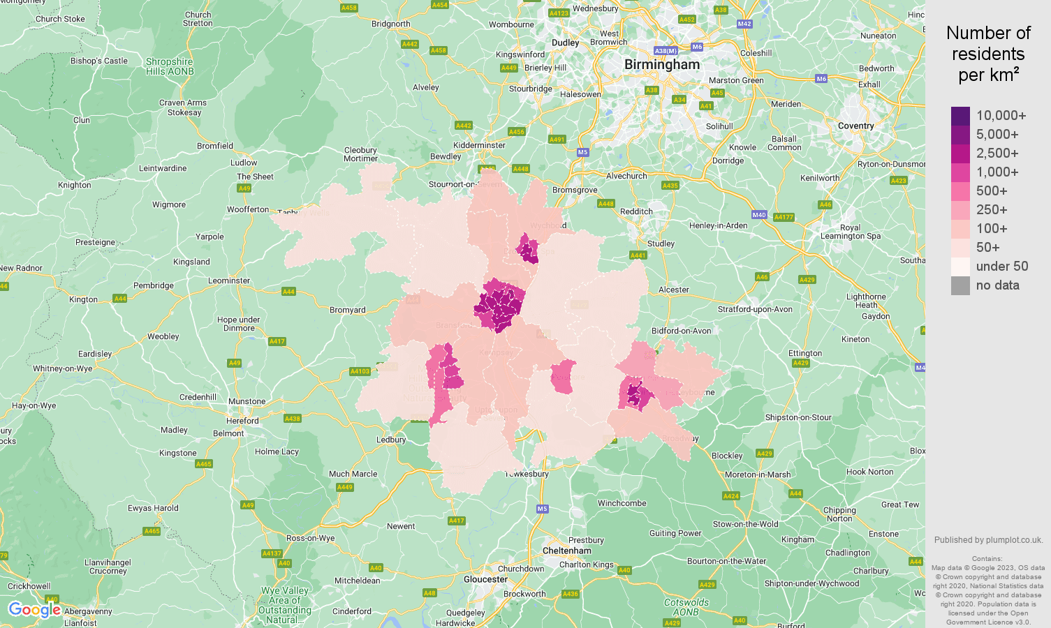Worcester population density map