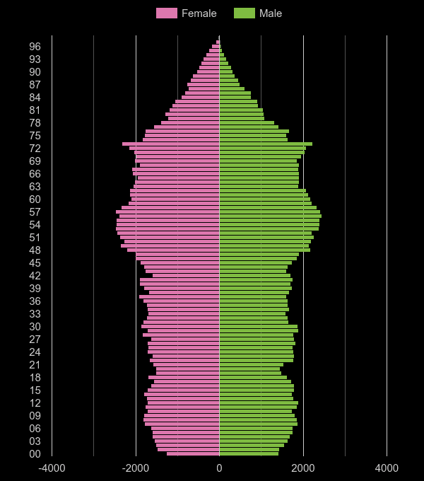 Worcester population pyramid by year