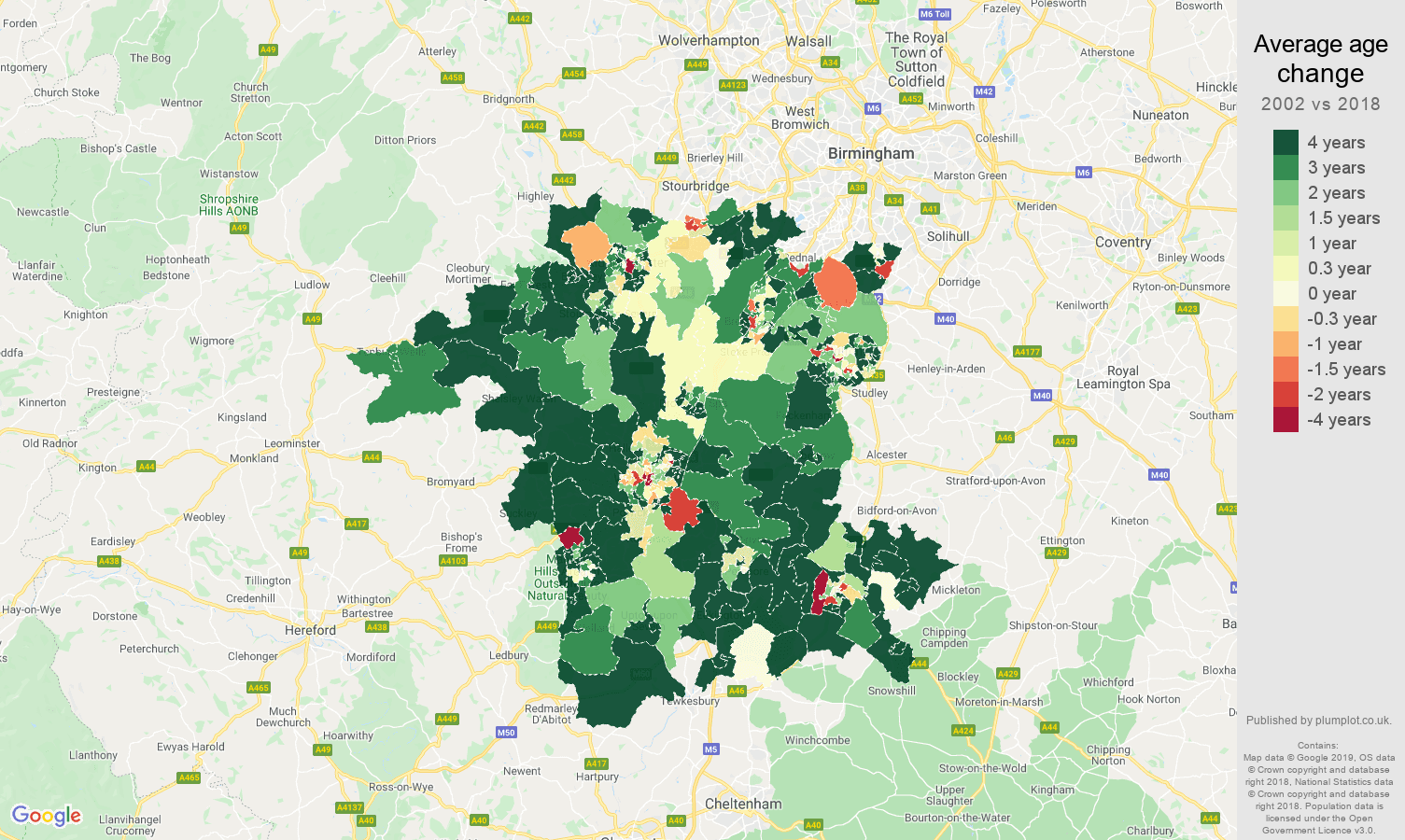 Worcestershire average age change map