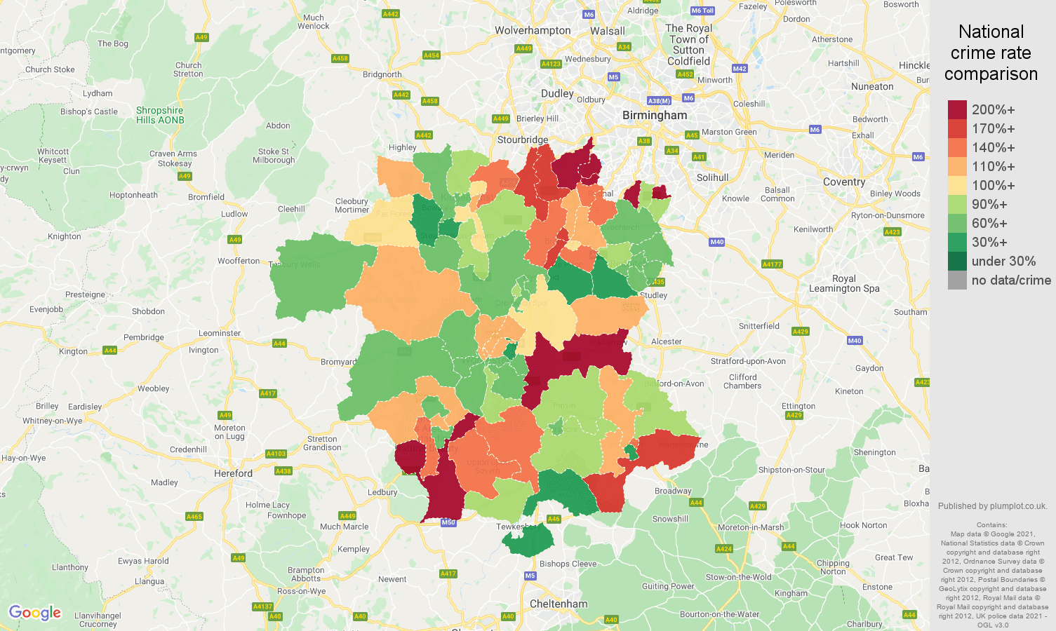 Worcestershire burglary crime rate comparison map