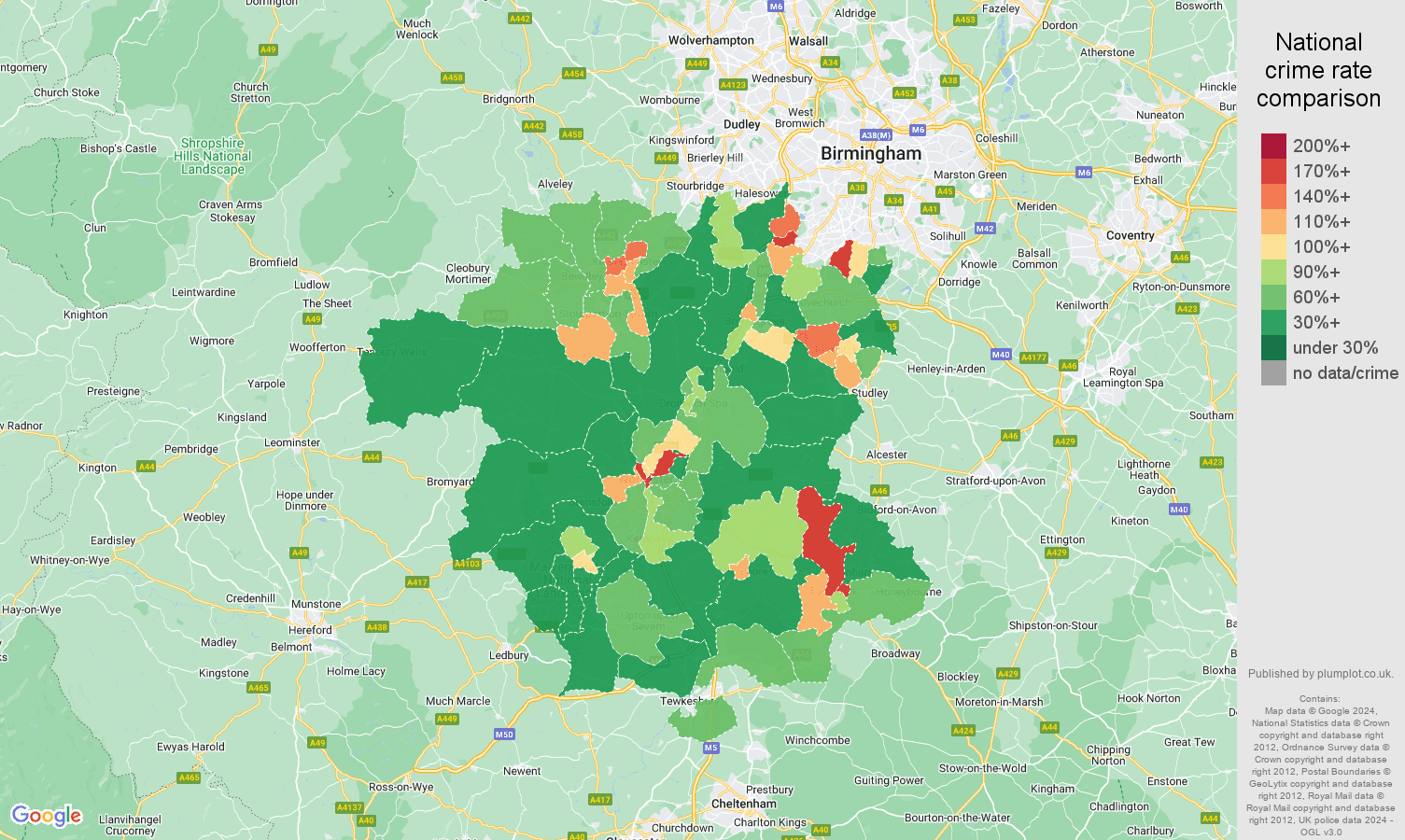 Worcestershire crime rate comparison map