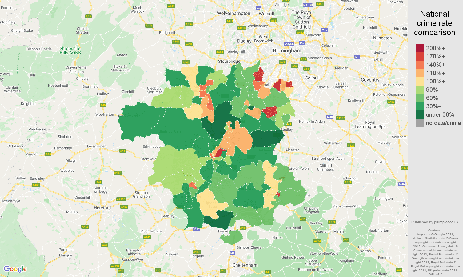 Worcestershire criminal damage and arson crime rate comparison map