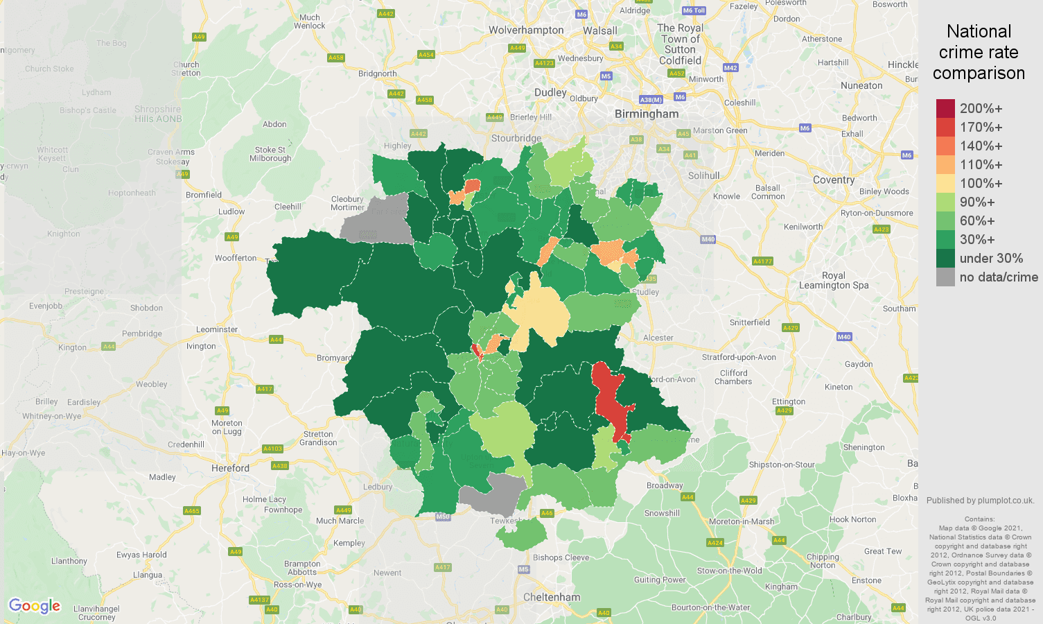 Worcestershire drugs crime rate comparison map