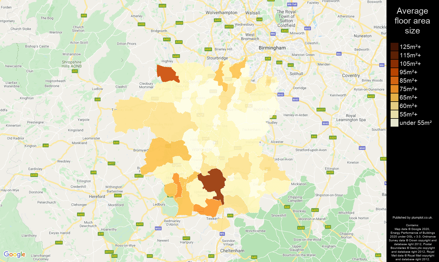 Worcestershire map of average floor area size of flats