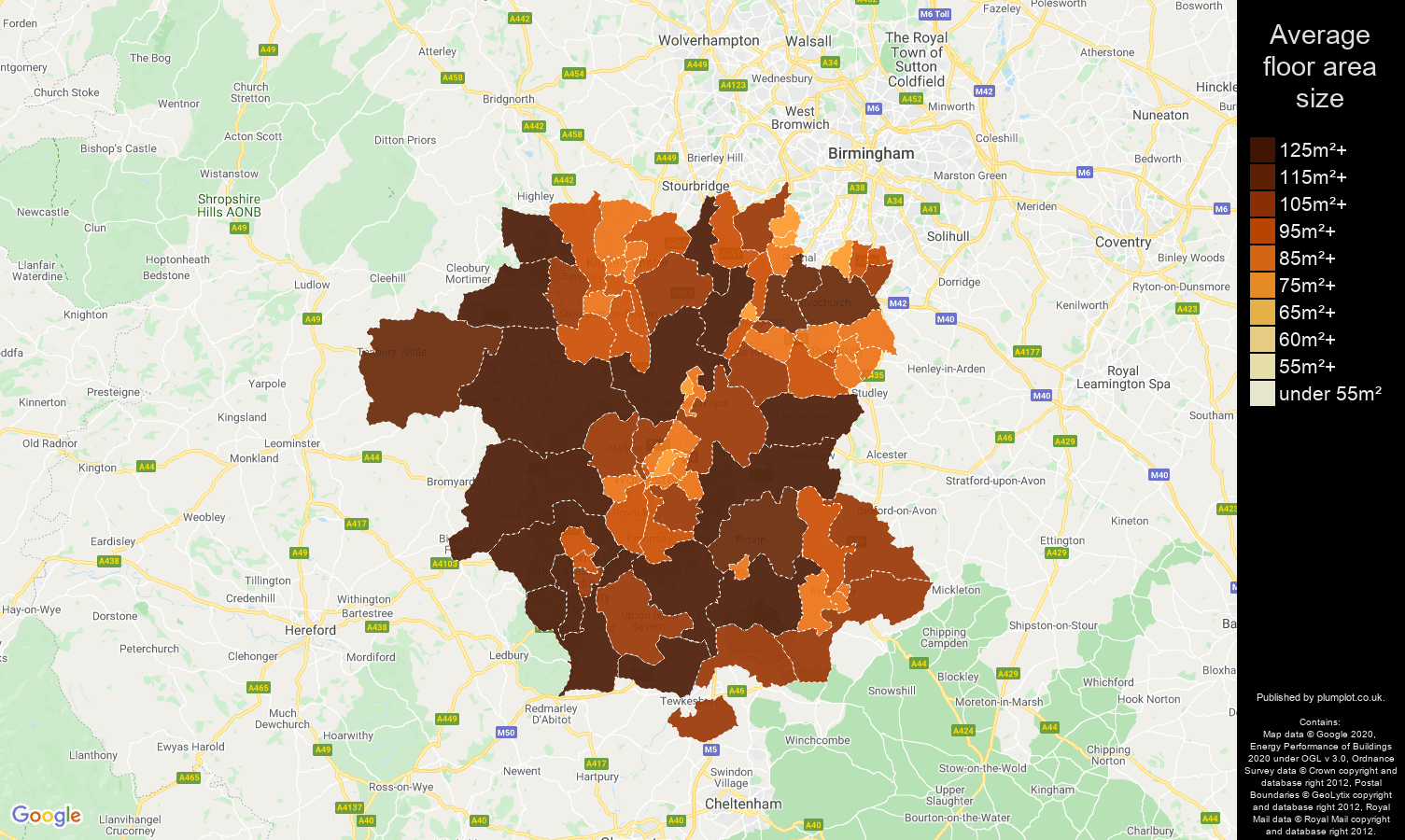 Worcestershire map of average floor area size of houses