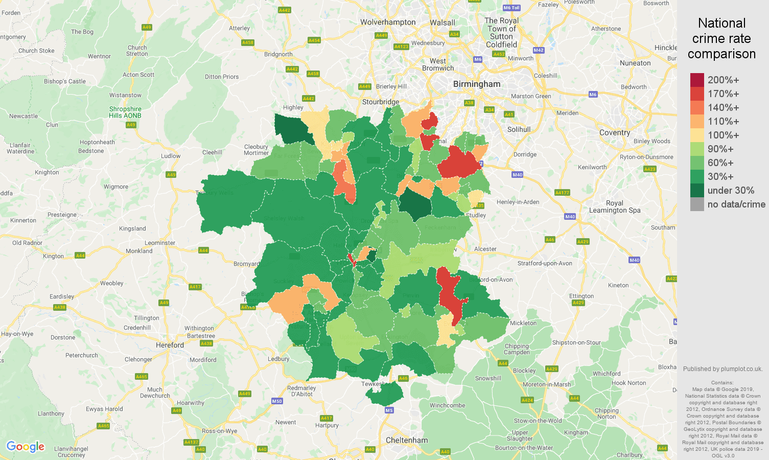 Worcestershire other theft crime rate comparison map
