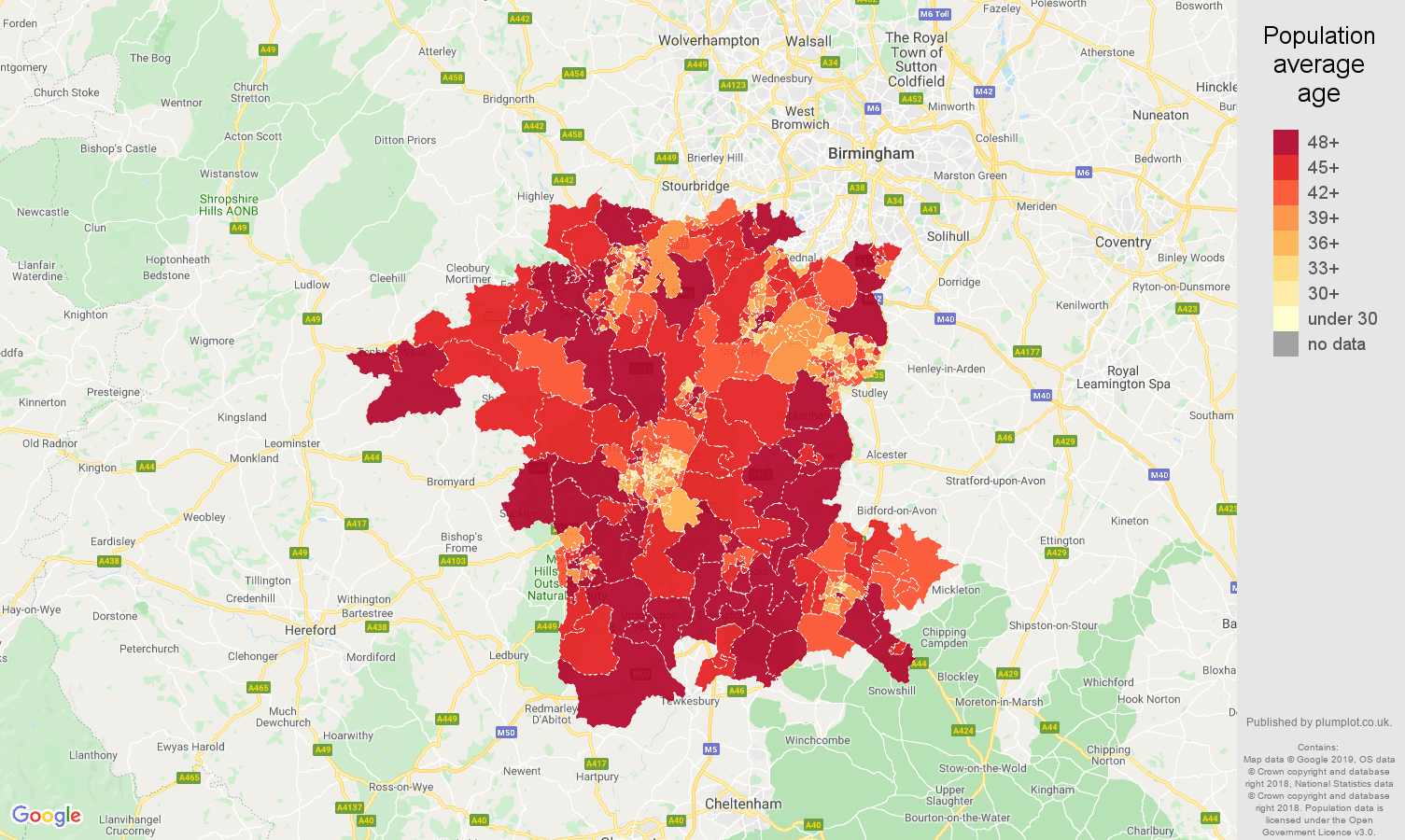 Worcestershire population average age map