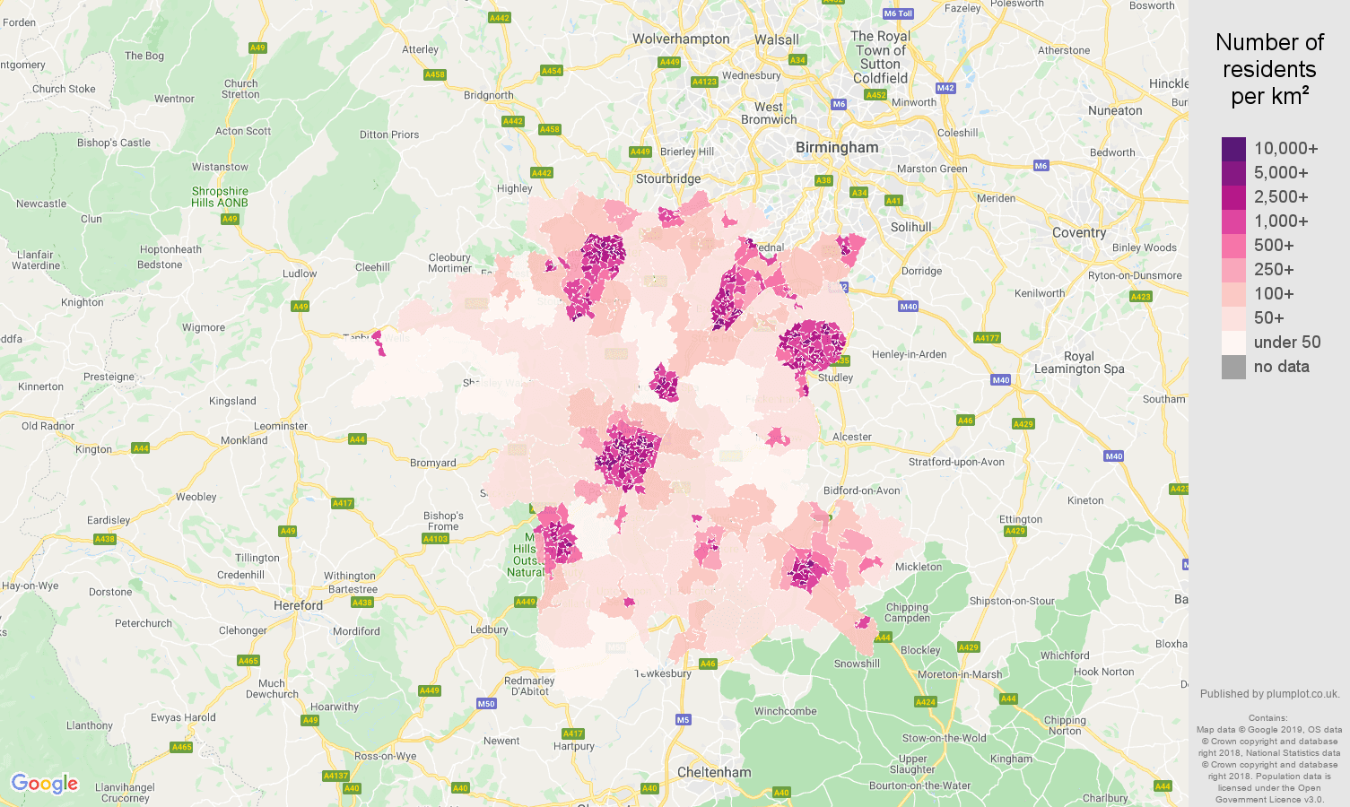 Worcestershire population density map