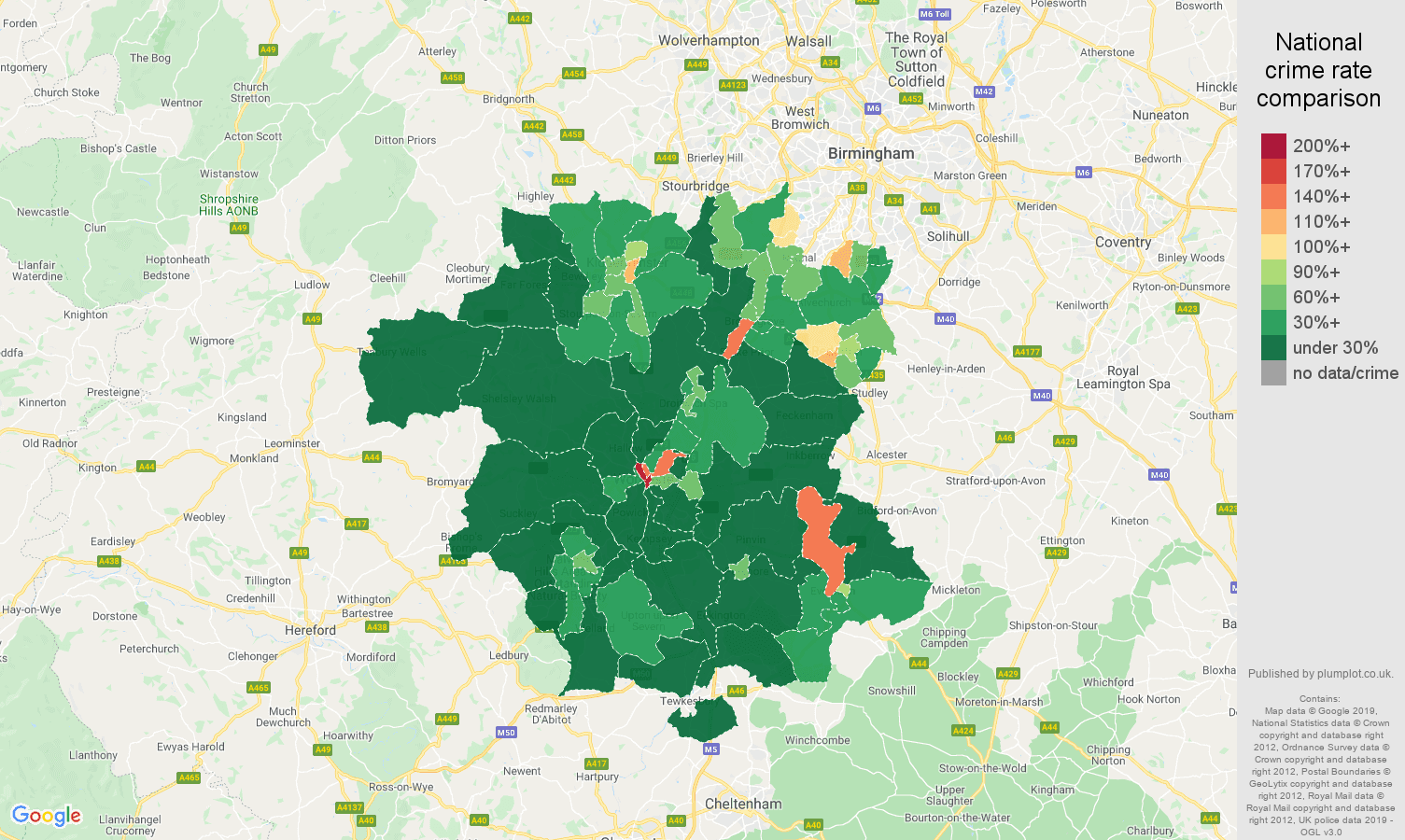 Worcestershire public order crime rate comparison map