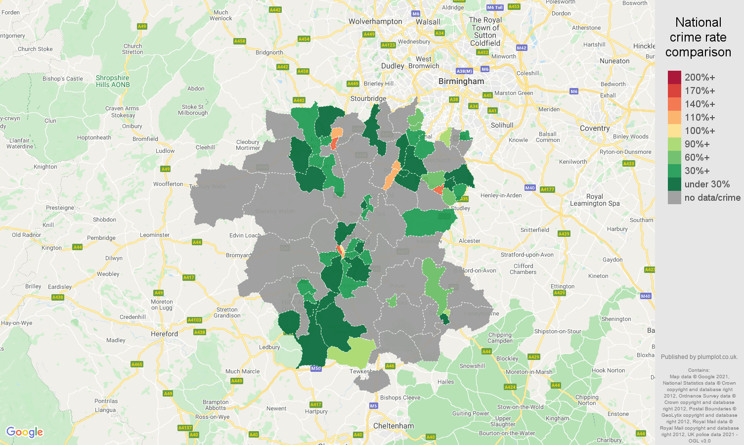 Worcestershire theft from the person crime rate comparison map