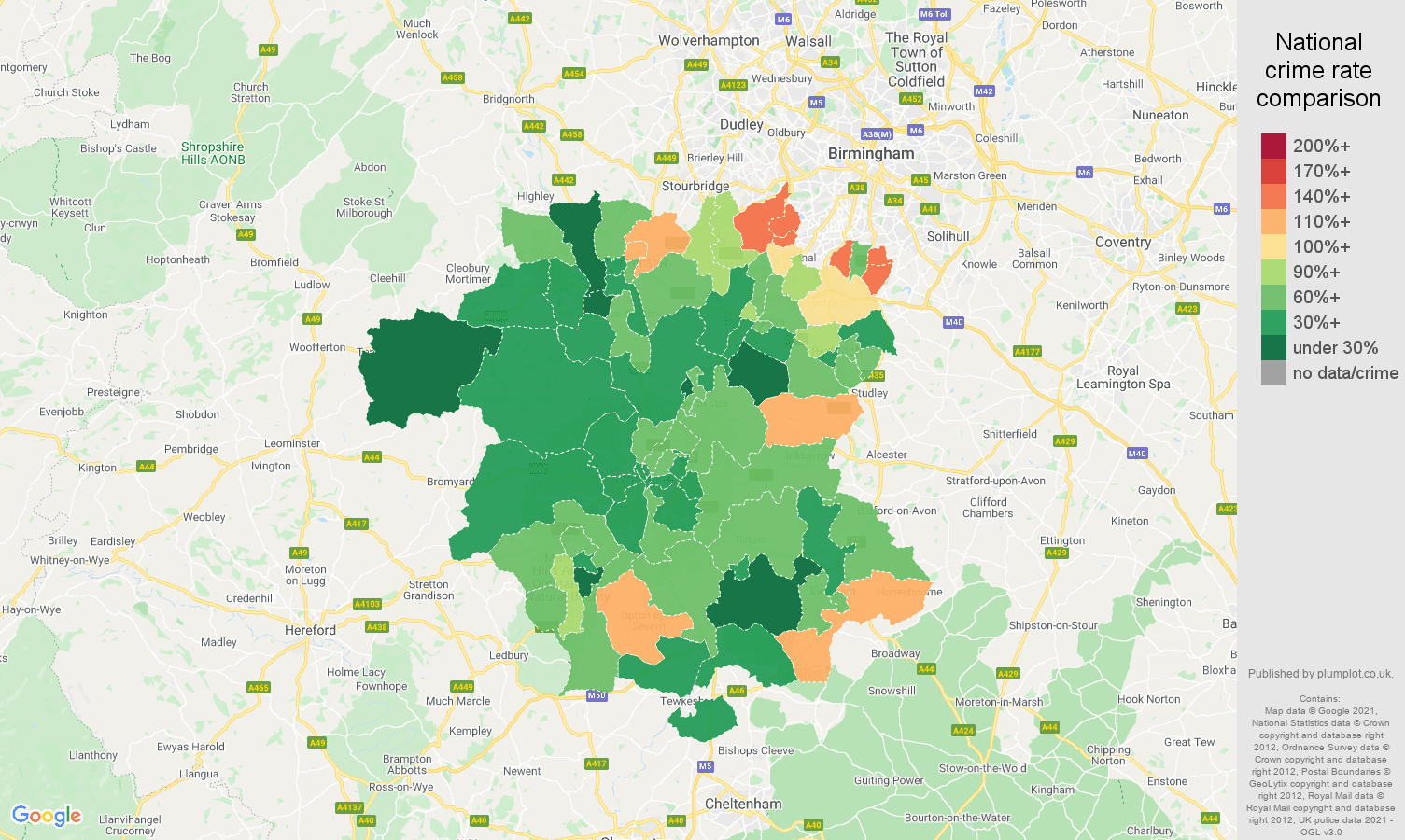 Worcestershire vehicle crime rate comparison map