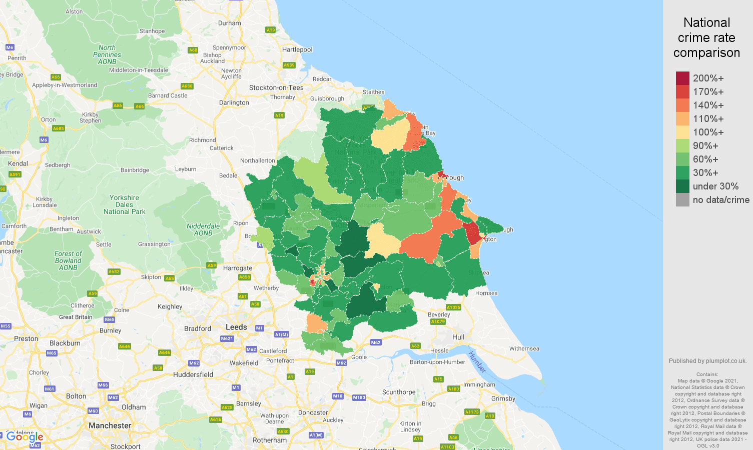 York criminal damage and arson crime rate comparison map