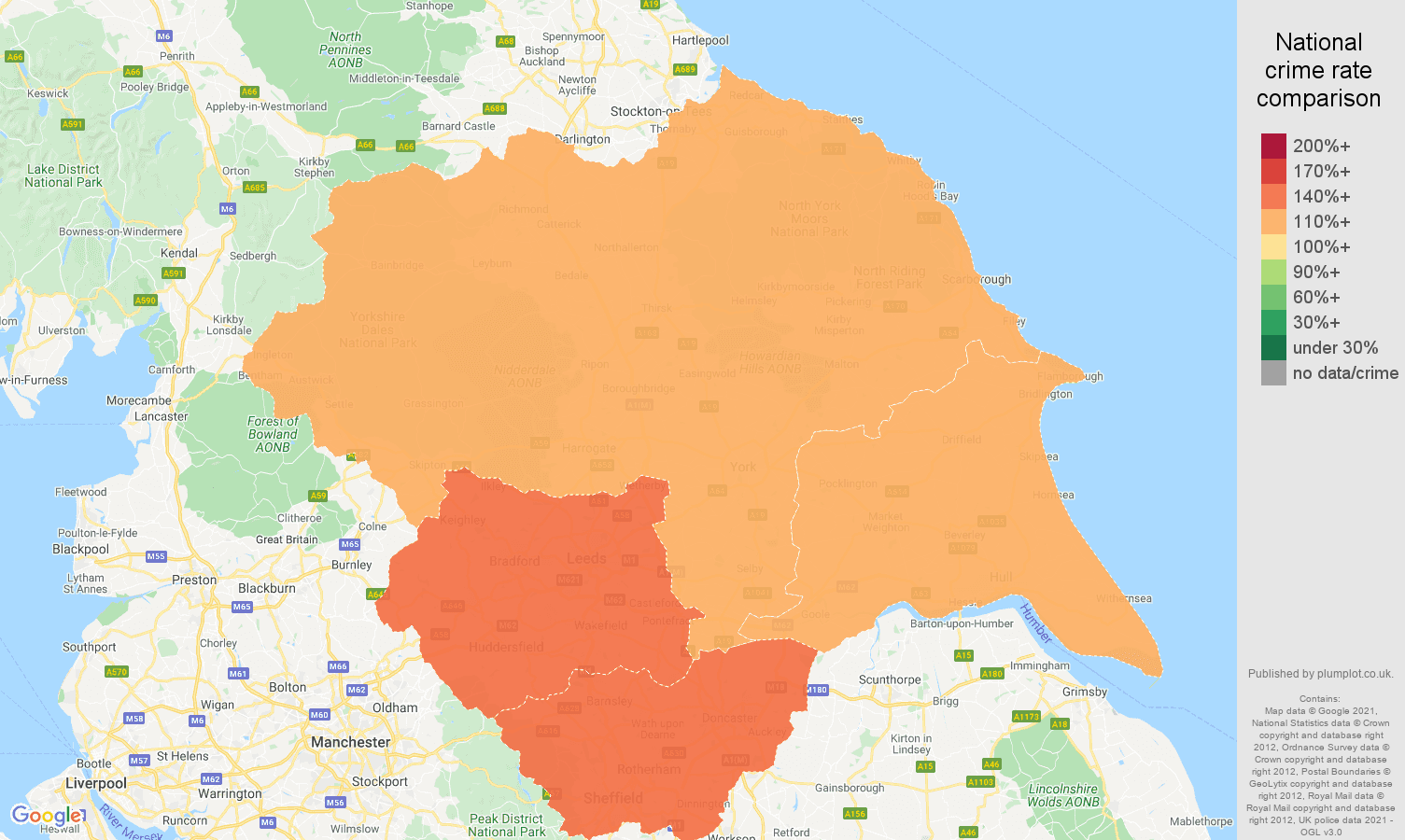 Yorkshire criminal damage and arson crime rate comparison map
