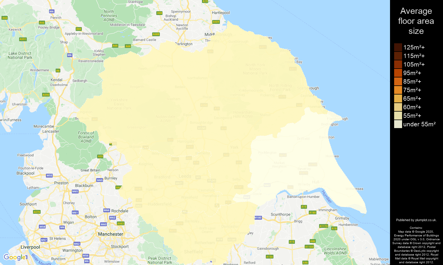 Yorkshire map of average floor area size of flats