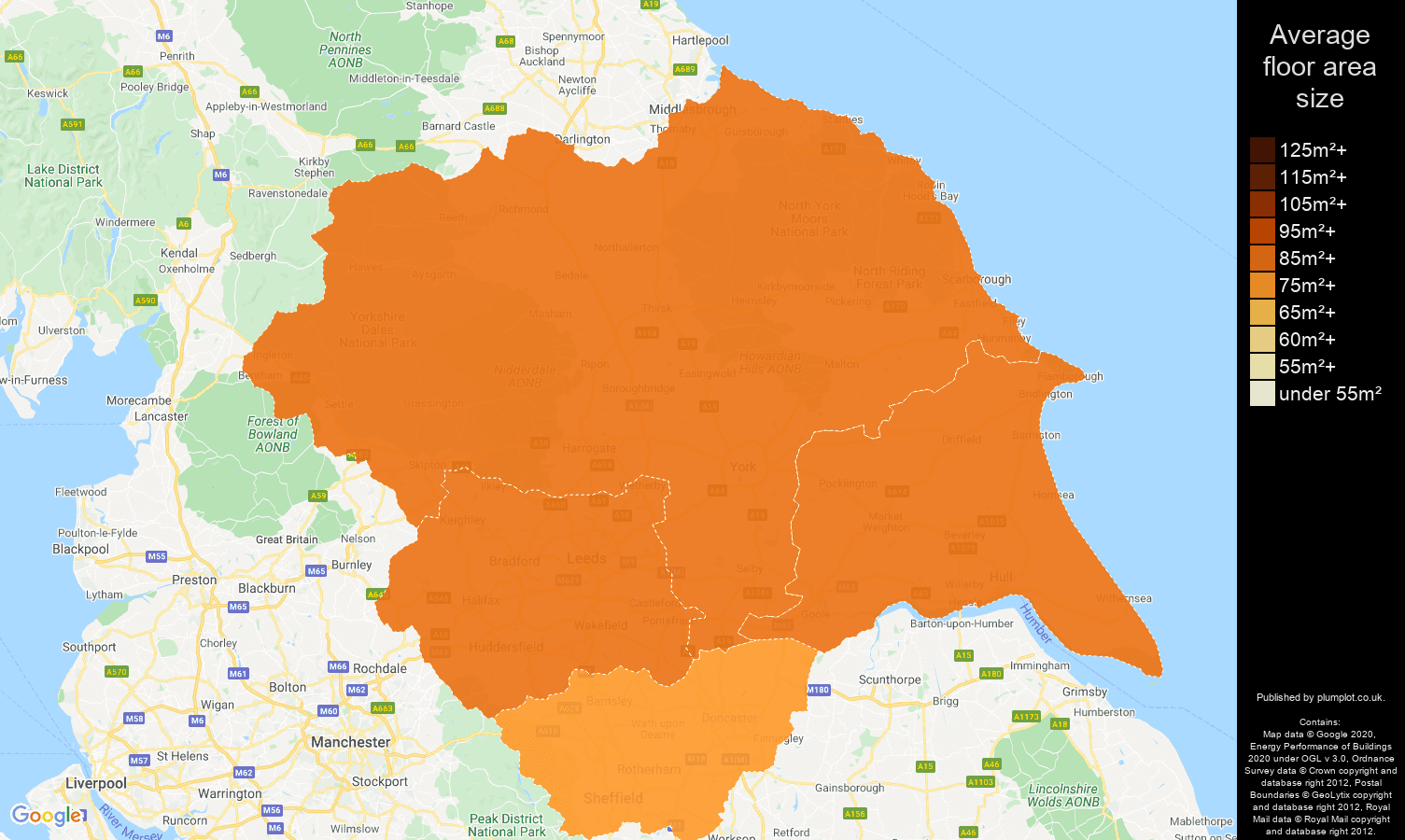 Yorkshire map of average floor area size of properties