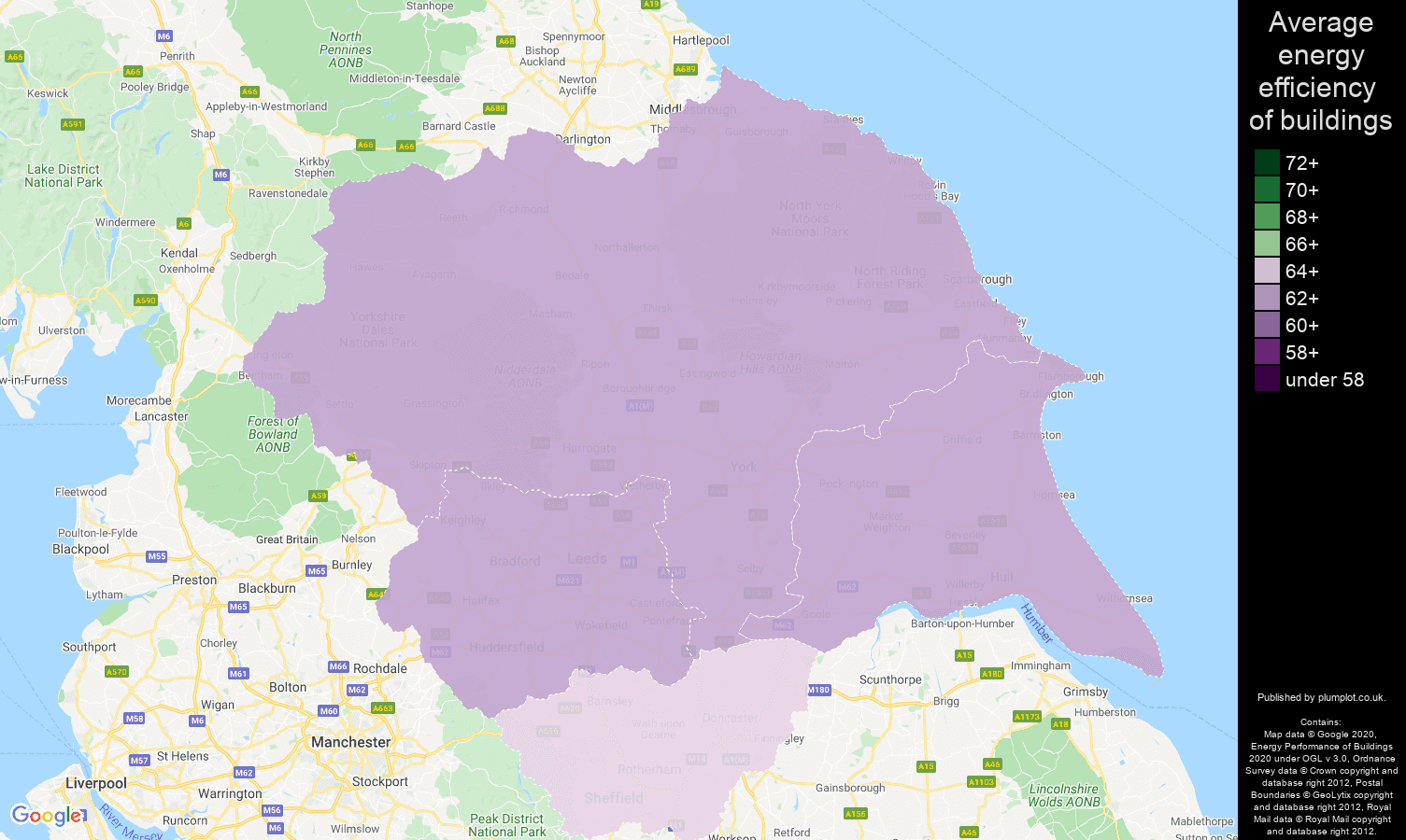 Yorkshire map of energy efficiency of properties