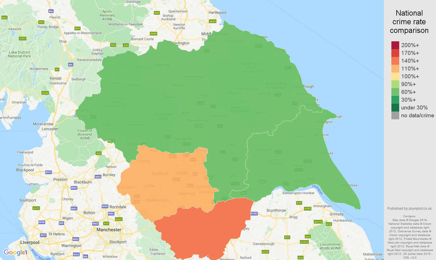 Yorkshire possession of weapons crime rate comparison map