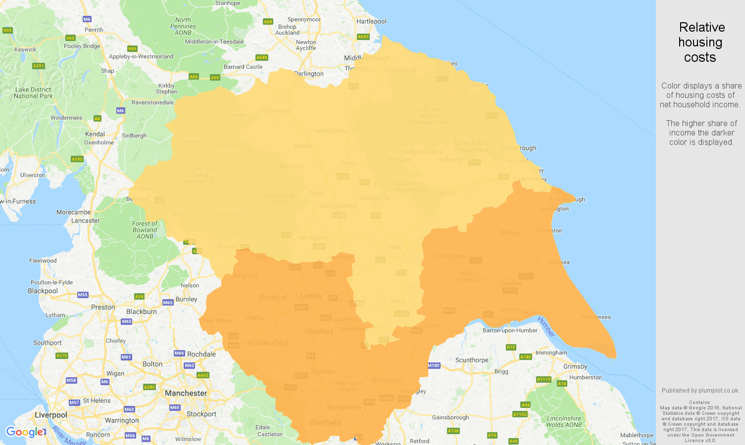 Yorkshire relative housing costs map