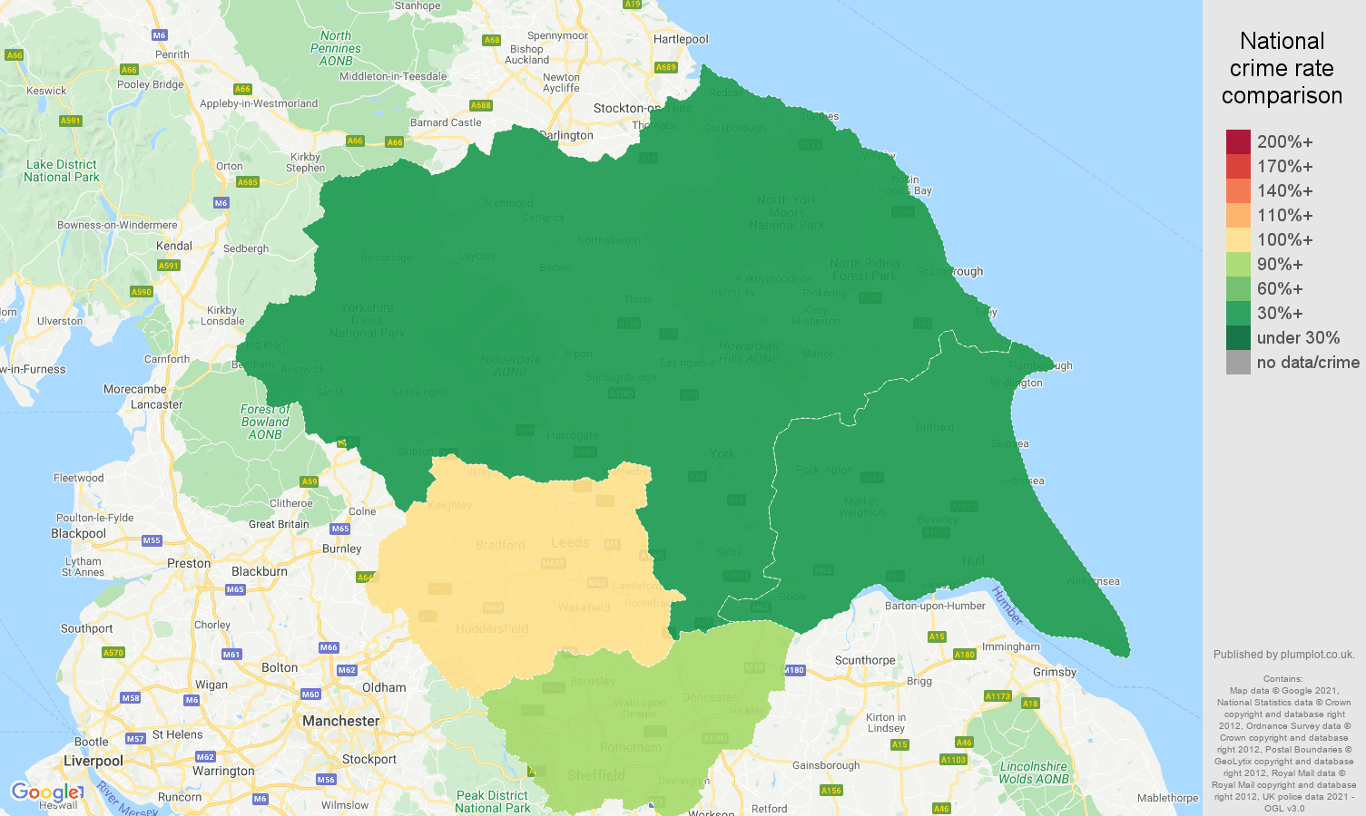 Yorkshire robbery crime rate comparison map