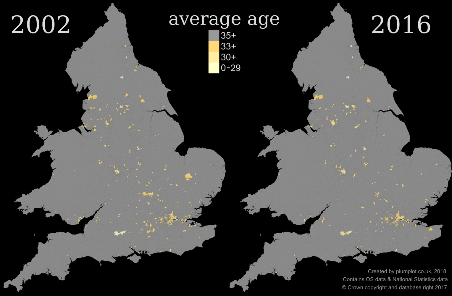 England areas with mean age below 35