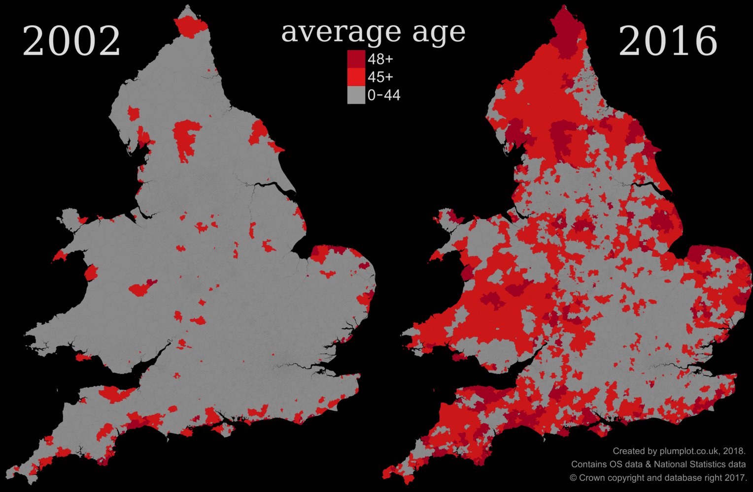 England and Wales areas with mean age 45 and over