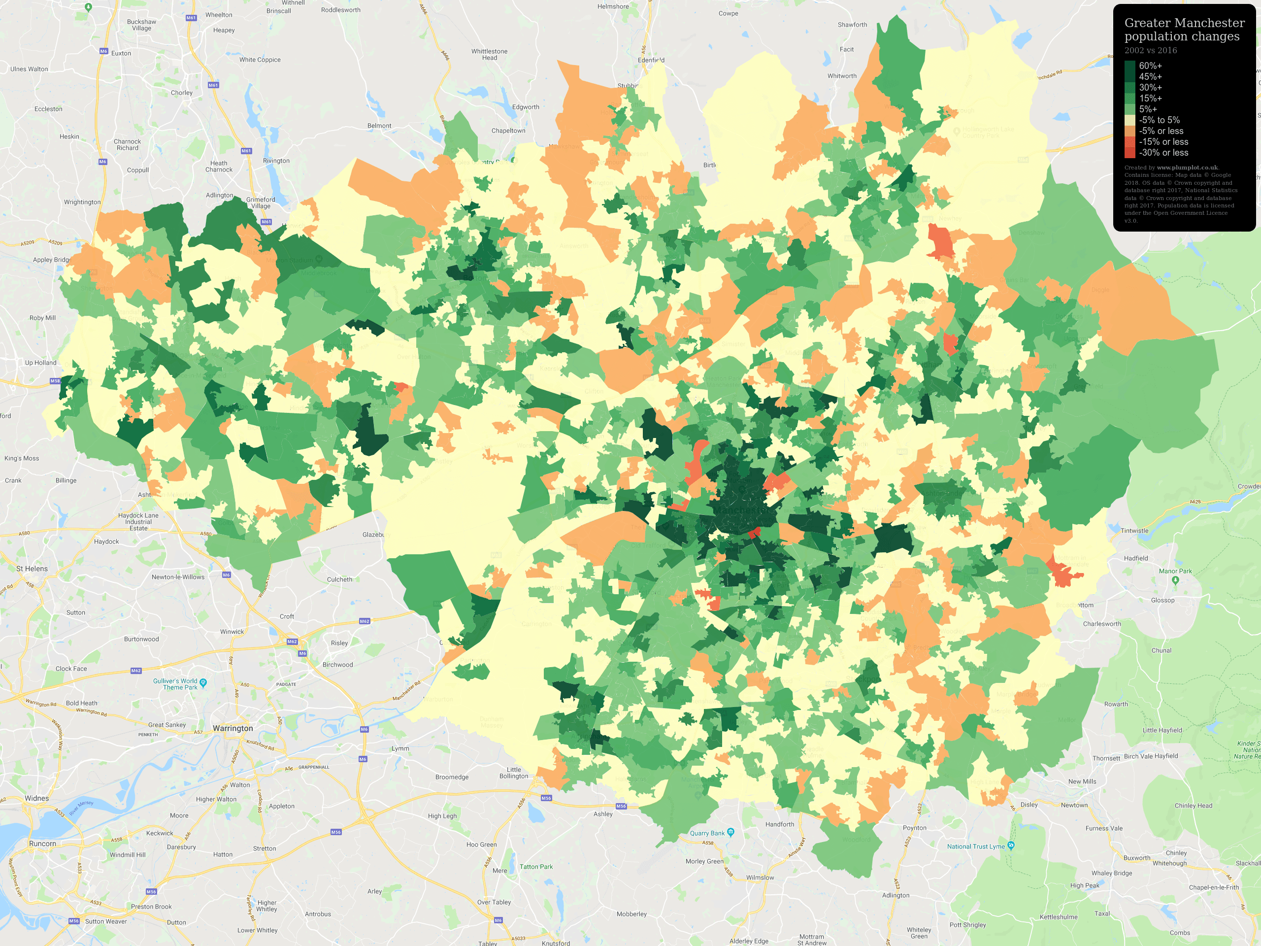 Greater manchester population changes by LSOA