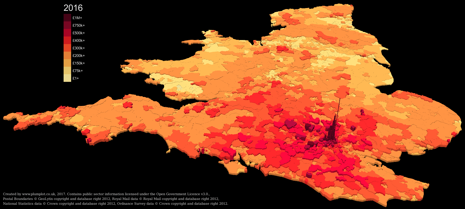 Uk average property price 3D map by postcode district.